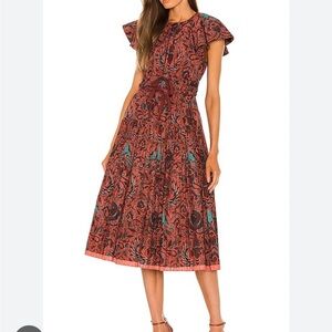 Ulla Johnson Rust Floral Midi Dress with Teal Highlights